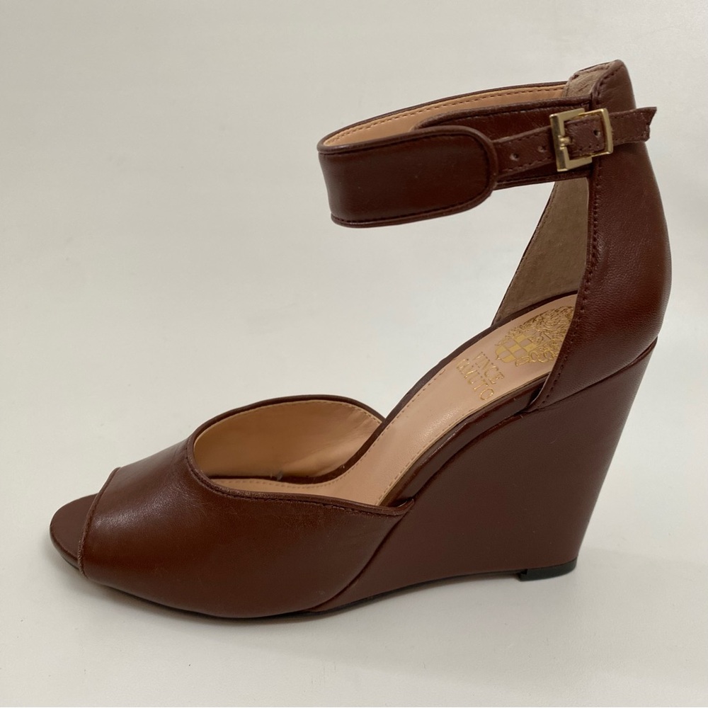 Vince Camuto Peep Toe Wedge Ankle Strap Size 7 Brown Heeled Sandals Women’s - Picture 4 of 14